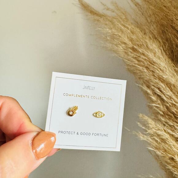 NEW ANTHROPOLOGIE JaxKelly 18kt Hamsa Hand Evil Eye Stud Earring Set Jewelry - Picture 8 of 8